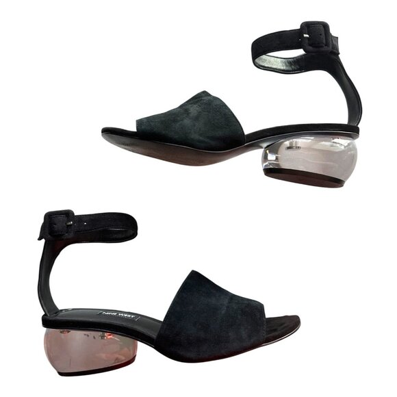 Nine West Black Bubble Heel Sandals Y2K Suede Open-Toe Ankle Strap Peep Toe 9 - Picture 2 of 9